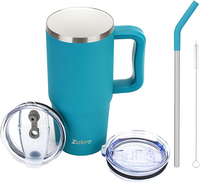 Zukro 24 oz Ceramic Lined Insulated Tumbler with Handle and Straw, No Metal Taste or Smell, Travel Coffee Mug with Spillproof Lids, No Sweat Stainless Steel Cup, Dishwasher Safe, Teal