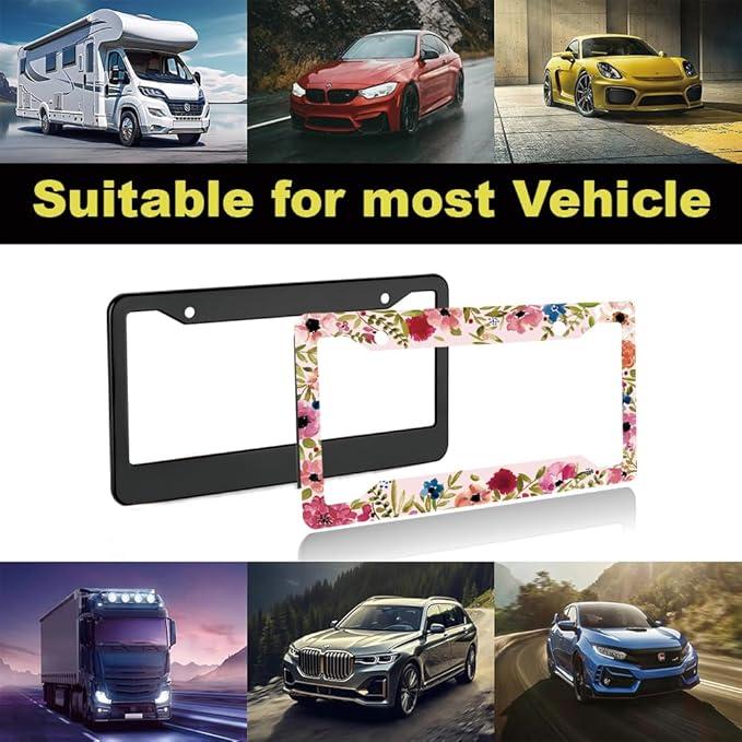 2pcs Abstract Flowers Floral License Plate Frame for Women,Pink Flowers Floral car Decorative tag Frames Girly,Hand-Painted Artistic Pink Flowers Floral License Plate Cover Holder for Vehicle