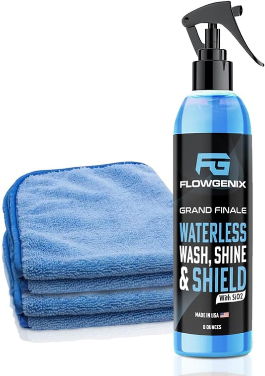 Flowgenix™ Waterless Car Wash Spray - Grand Finale - Motorcycle Cleaner & Car Wax Spray Polish (8 oz) - Ceramic Coating - Incl. 2 Microfiber Towels - Quick Detailer Spray to Make Your Vehicle Shine
