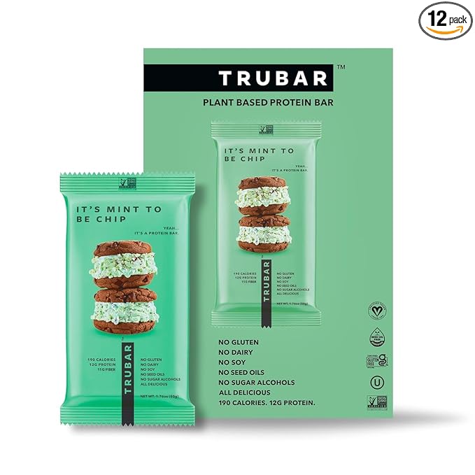 TRUBAR Vegan Protein Bar, It’s Mint to Be Chip, Gluten Free, Plant Based High Fiber, Dairy Free, Non GMO, Low Fat, No Sugar Alcohols, 12G Lean Protein, 13G Fiber, Healthy Snack Bars, 12 CT