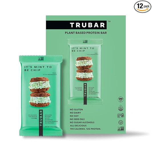TRUBAR Vegan Protein Bar, It’s Mint to Be Chip, Gluten Free, Plant Based High Fiber, Dairy Free, Non GMO, Low Fat, No Sugar Alcohols, 12G Lean Protein, 13G Fiber, Healthy Snack Bars, 12 CT