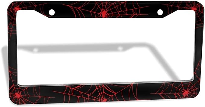 Red Spider Web License Plate Frame - 1 Pack Novelty Black Cobweb License Plate Holder，Aluminum Metal Car Tag Cover with 2 Holes and Screws，Customized Decorative for US Vehicle Standard for Women Men