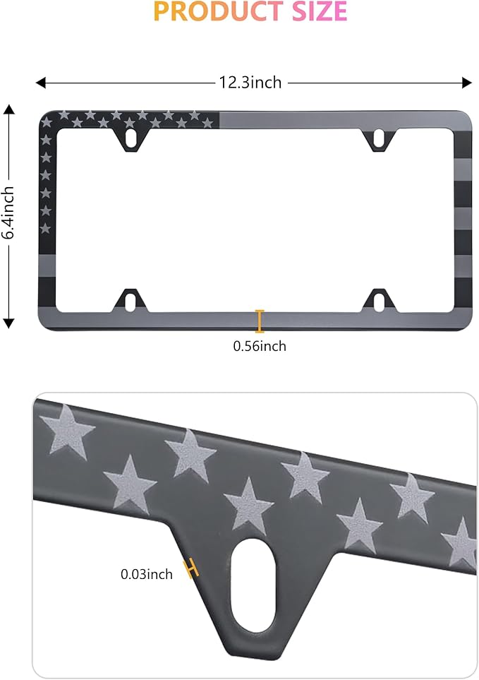 American Flag License Plate Frames - 2 Pack Black Stainless Steel Patriotic USA Car Tag Frame with UV-Printed Flag & 3D Metal Decals