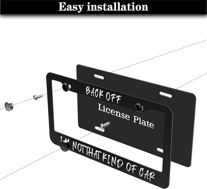 License Plate Frames Black and White License Plate Mount Back Off I’m Not That Kind of Car Aluminum Metal Car Accessory 2 Pack with Screw Covers Set