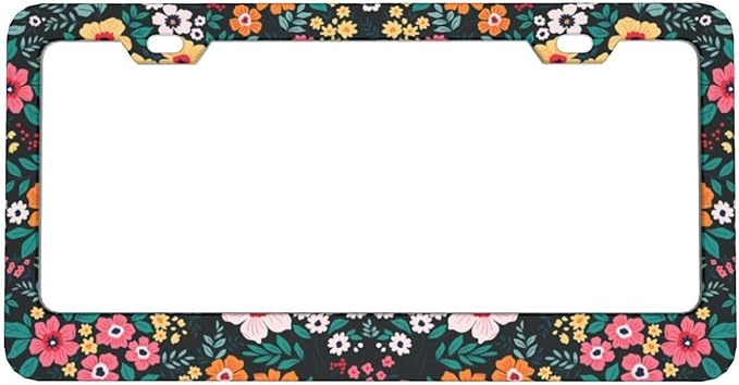 Folk Floral License Plate Frame, Colorful Flowers Women License Plate Cover, Aluminum License Plate Holder, Auto Parts Decoration 2 Holes with Screws 6 X 12 in