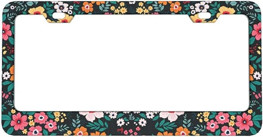 Folk Floral License Plate Frame, Colorful Flowers Women License Plate Cover, Aluminum License Plate Holder, Auto Parts Decoration 2 Holes with Screws 6 X 12 in