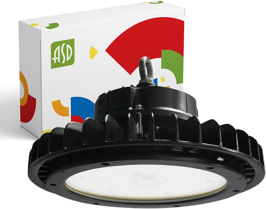 ASD LED High Bay UFO Light Fixture, Commercial Shop Lighting | Dimmable, IP69K Waterproof, DLC Premium, UL Listed | 200W 29000LM 3500K 100-277V | Warehouse, Garage, Workshop, Barn Lamp | Black, 6 Pack