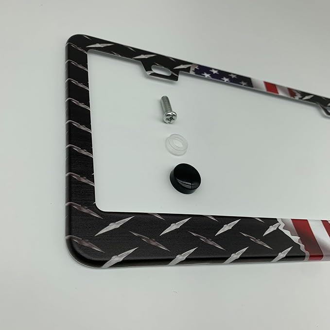 American Flag Metal Diamond Plate Texture Patriotic License Plate Frame Cover for Men/Women, Powder Coated Stainless Steel Auto Car Tag Frame with 2 Holes & Free Screws