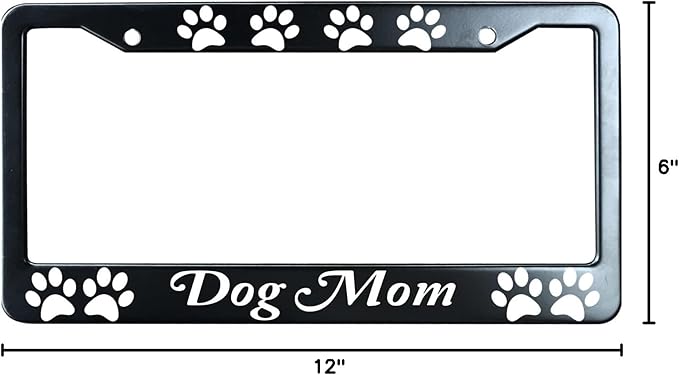 Dog Mom with Paw Prints Matte Black License Plate Frame Cover for Men/Women, Heavy Duty Stainless Steel Auto Car Tag Frame with 2 Holes & Free Screws,Unique Cat and Dog Lover Gift