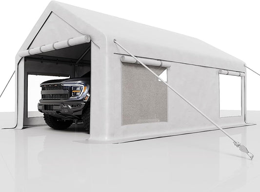 13 x 20ft Heavy-Duty Carport Canopy with Roll-Up Windows & DoorsThickened Wind Ropes, Ground Nails, Portable Car Tent Garage for Cars, Trucks, Boats, 180G Durable Tarp Cover,White