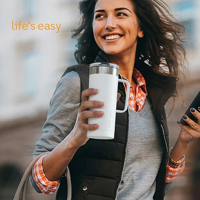 Life's Easy 20oz Stainless Steel Mug w/Handle - Double Wall Insulated Travel Tumbler w/Flip Lid - Leak Proof Tumbler-Thermal Cup for Coffee, Tea & More - Keep Hot & Cold Drinks (White, 20 oz)
