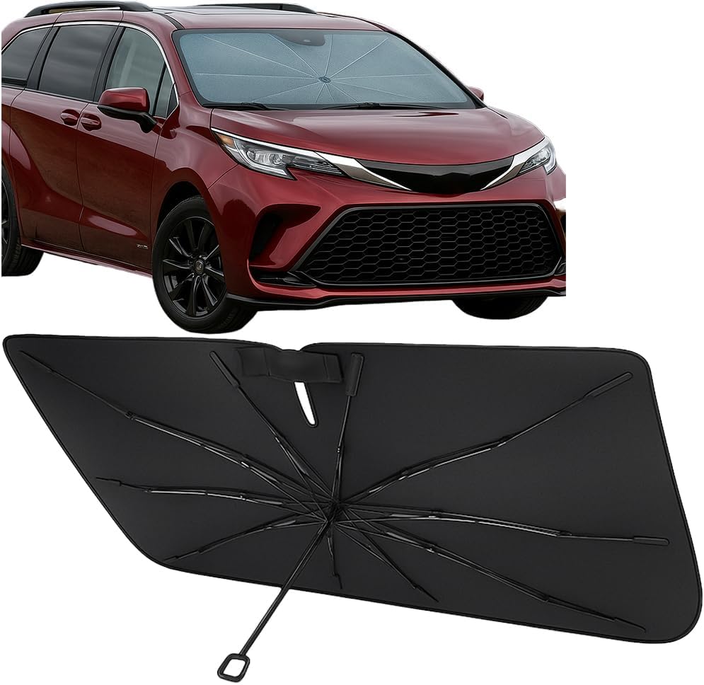 Proadsy Windshield Sun Shade Umbrella for Toyota Sienna 2021-2025 2026 Foldable Car Umbrella Sunshade with Soft TPU Handle Spring Structure Crystal Cooling Material Protect Car from Rays & Heat