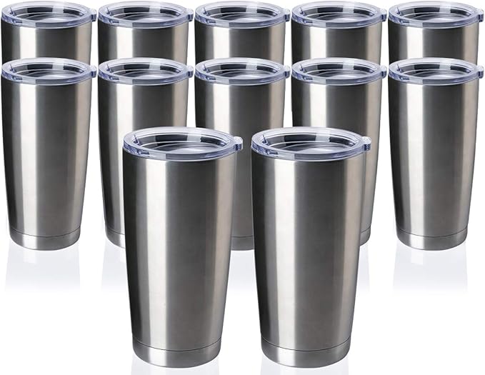 12 pack 20 OZ Double Wall Stainless Steel Vacuum Insulated Tumbler Coffee Travel Mug With Lid, Durable Powder Coated Insulated Coffee Cup for Cold & Hot Drinks (Silver, 12 pack)