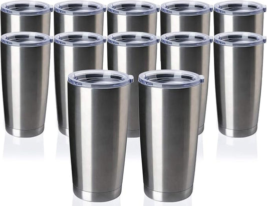 12 pack 20 OZ Double Wall Stainless Steel Vacuum Insulated Tumbler Coffee Travel Mug With Lid, Durable Powder Coated Insulated Coffee Cup for Cold & Hot Drinks (Silver, 12 pack)