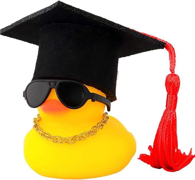 wonuu Car Dashboard Decor Graduation Hat Rubber Duck, Car Ducks Ornaments with Mini Hat Necklace Sunglasses Scarf (Red)
