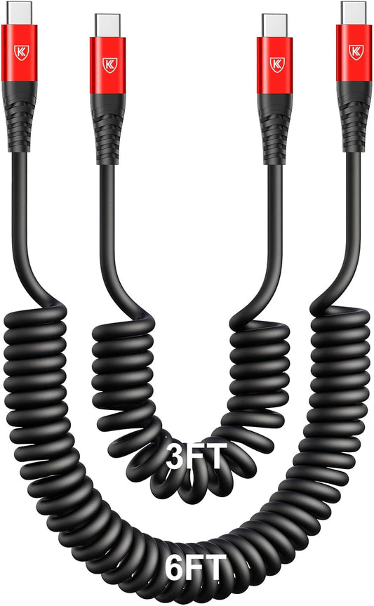 Coiled USB C Cable for Car 3FT & 6FT, USB C to USB C Fast Charging Cable USB Type C Cord Compatible with iPhone 16/15/Plus/Pro/Pro Max/MacBook Pro 2020/iPad Pro 2020/iPad Air 4/Samsung Galaxy S23-Red