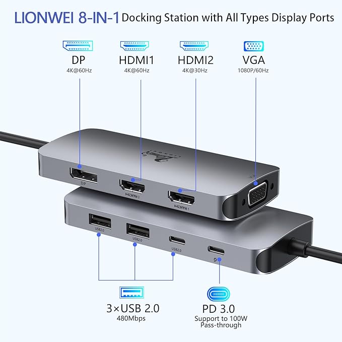 LIONWEI USB C Docking Station Dual Monitor, Laptop Docking Station 3 Monitors Quadruple Display with Dual 4K HDMI, DP, VGA, 100W PD, 3 USB C/A 2.0, Laptop Dock for Dell, Lenovo, HP, Surface