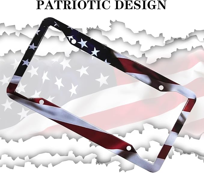 American Flag License Plate Frames - 2 Pack Front Rear Patriotic Matte Gloss Stars Stripe US Flag Stainless Steel Car Tag Frame Holder Covers with 4 Fluttering Flag Valve Stem Caps, Screws Fasteners