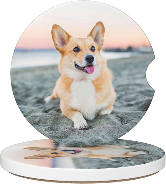 Car Cup Holder Coaster, Car Coasters for Cup Holders, 2 Pack Universal Anti Slip Insert Absorbent Ceramic Auto Interior Accessories with A Finger Notch & Cork Base, Cute Dog