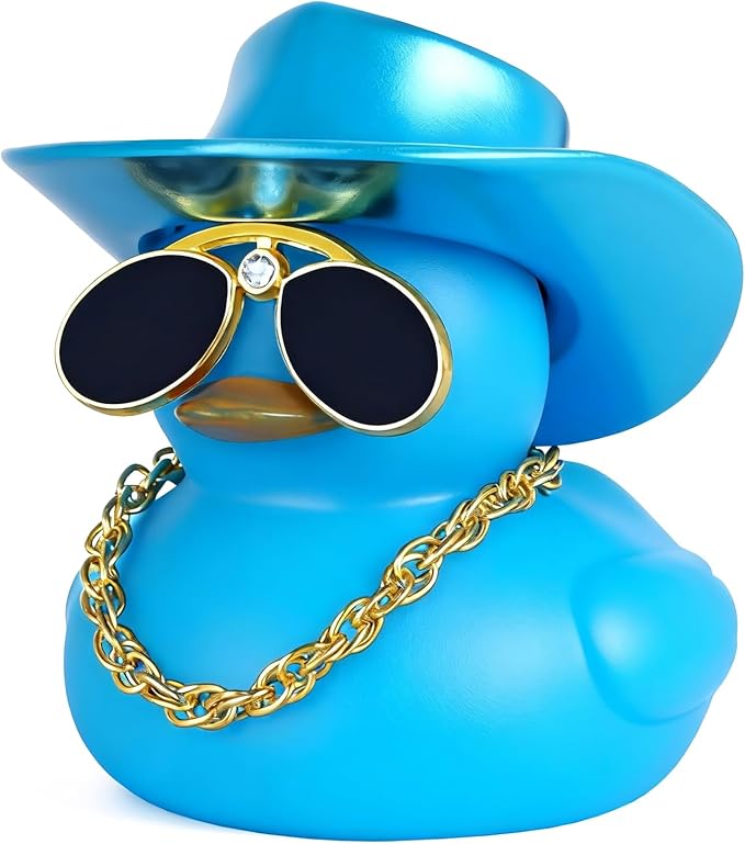 Laser Blue Cowboy Rubber Duck with Hat, Sunglasses & Necklace - DIY Car Dashboard Decor, Squeaky Sound, Premium Rubber, Adult Gift