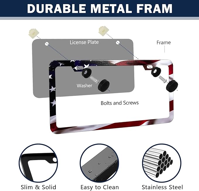 LIN KANG Patriotic American Flag License Plate Frame Holder - 2 Pack Universal Aluminum Matte Stripe US Flag Gloss Car Plate Frame Covers with 2 Holes and Screws Fasteners Caps