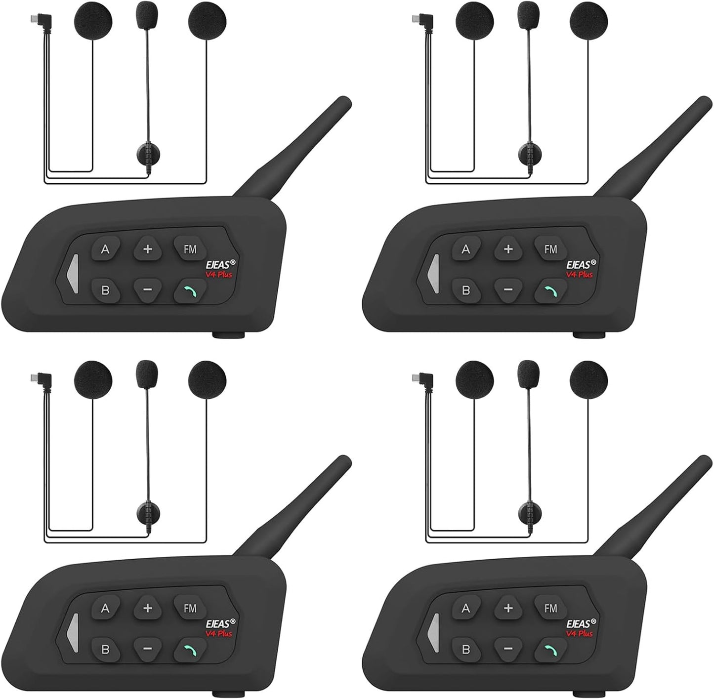 V4 Plus Motorcycle Bluetooth Helmet Intercom Headset, 4 Rides Group Communication System for Motorcycling Soccer Referees Skiing ATV/Off Road (4 Pack)