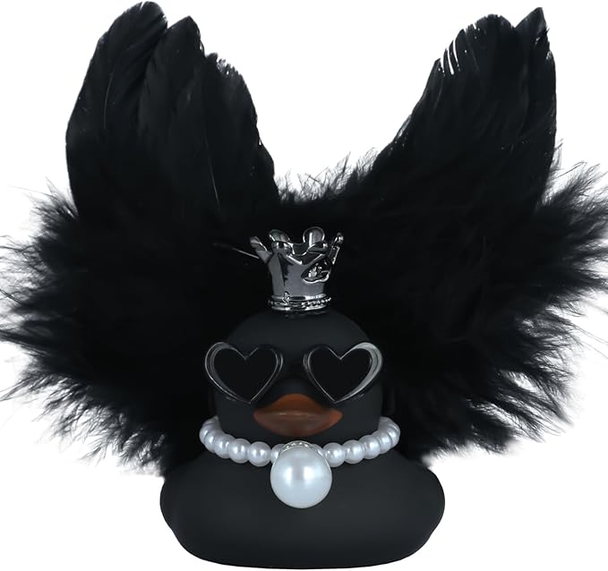 BOZILY Cool Car Rubber Duck, Car Dashboard Decoration, with Crown, Sunglasses, Black Feather Wings & Necklace, Home Ornament, Car Owner