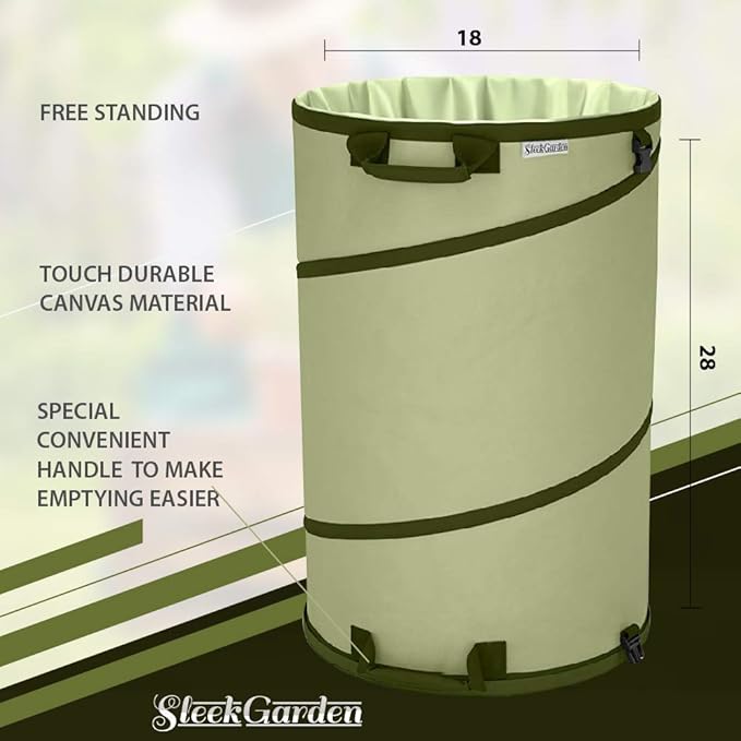 Collapsible -30 Gallon Canvas Garden Waste Bag -Pop-up Bucket Reusable Yard Leaf Bag Holder- Heavy Duty Hardshell Bottom ??with Drain Holes for Lawn Pool Garden Camping Trash Debris Bag with Handles