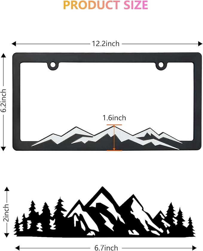 Mountain License Plate Frames - 2 Pack Plastic Car Tag Frame with 3D Mountain Design, White on Black, Included Mountain Vinyl Sticker, Screws & Caps