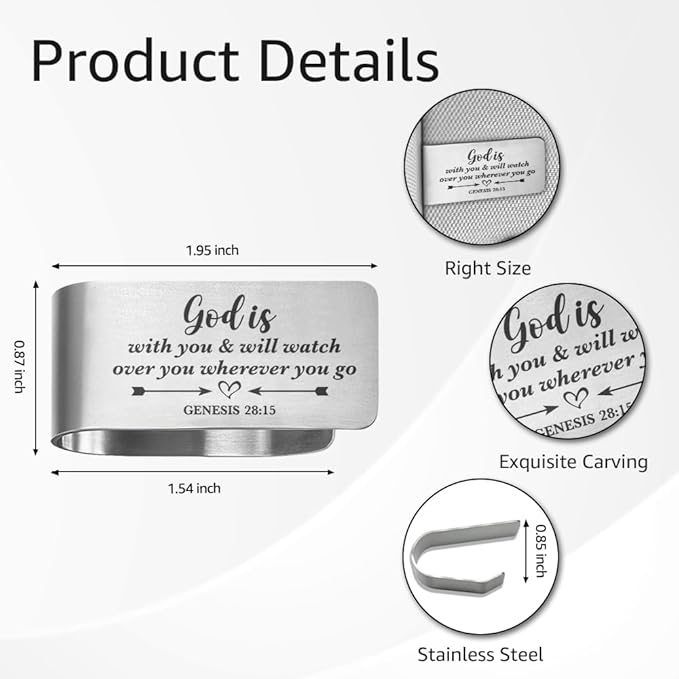 God is with You and Will Watch Over You Wherever You Go Engraved Stainless Steel Car Visor Clip, Genesis 28:15, Funny Religious Gifts for Women Men Family Friend, New Driver Gifts