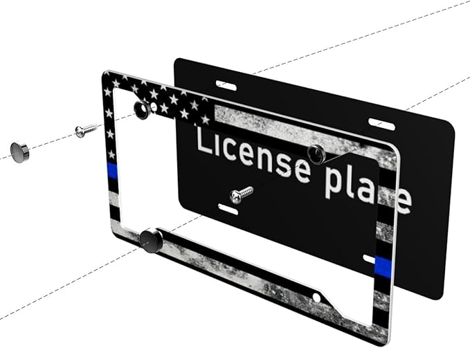 Vintage American Flag Thin Blue Line License Plate Frame - 1 Pack Personalized Patriotic License Plate Holder Aluminum Metal Car Tag Cover with 4 Holes Decoration for US Vehicle Standard for Women Men