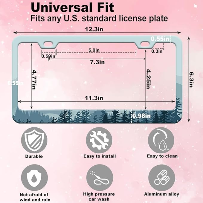 2pcs Blue Mountain Forest License Plate Frame for Women, Blue Mountain car Decorative tag Frames Girly, Natural License Plate Cover Holder for Vehicle with Double Sided car Keychain tag