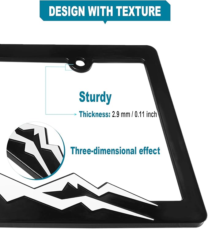 Mountain License Plate Frames- White on Black 3D Mountain Raised, ABS Plastic Car Tag Holder | Includes Rust-Proof Screws, Caps & Free Vinyl Decal Sticker