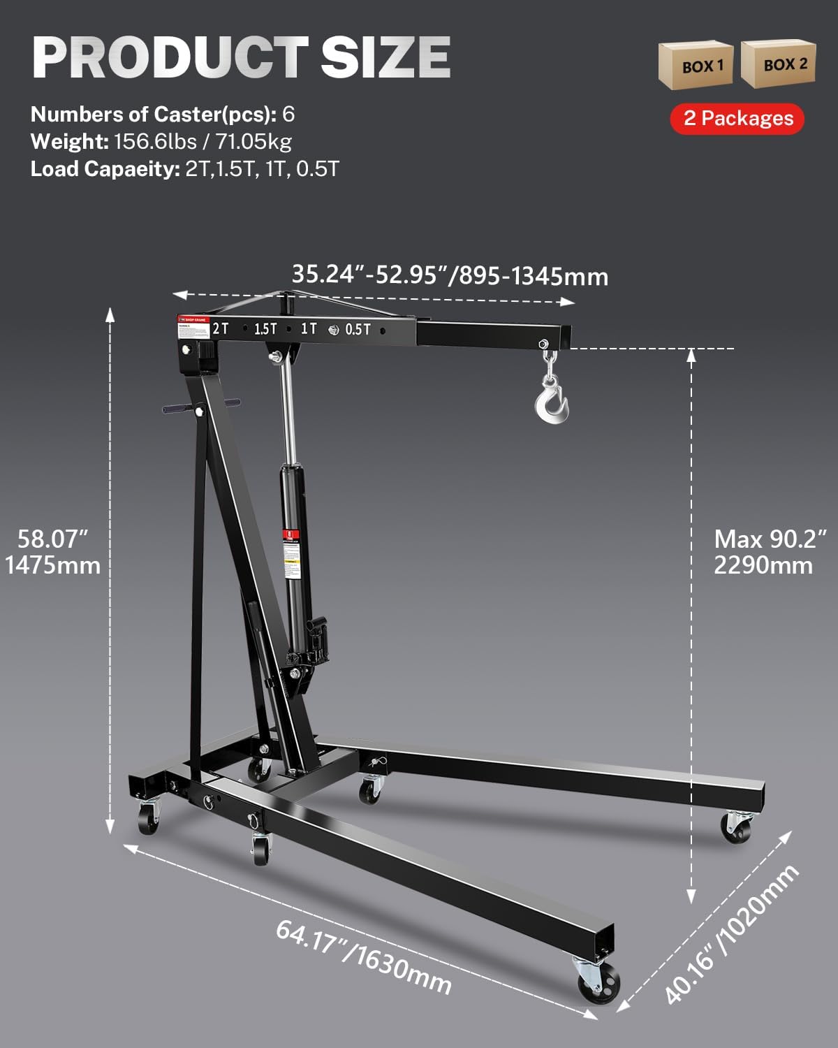 2-Ton Folding Engine Hoist, Hydraulic Shop Crane with 6 Swivel Wheels & Adjustable Boom (0.5T-2T), Heavy-Duty Cherry Picker for Garage, Workshop, Truck, Farm (Net Wt. 157 lbs)