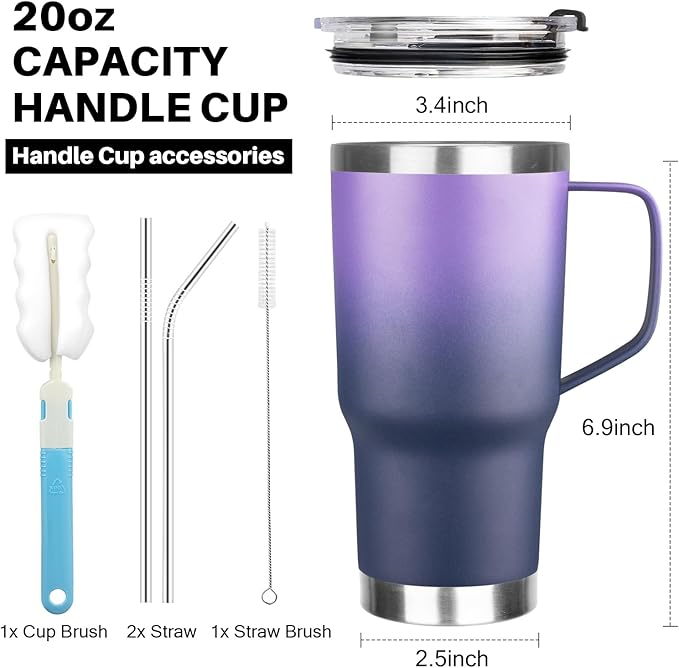 20 oz Tumbler with Handle, Stainless Steel Insulated Tumbler with Lid and Straw, Double Wall Vacuum Insulated Coffee Mug Tumbler,Insulated Coffee Thermal Cup for Cold and Hot(Purple Navy blue)