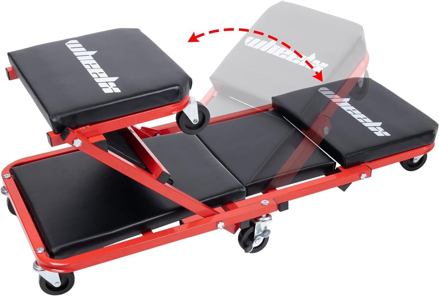 Mechanic Creeper 36 Inches 2-in-1 Z Seat with Brake, 340 lbs Capacity, Foldable Garage Chair Adjustable Rolling Folding with 6 pcs Wheels Roller, Lay Down or Sit Under Car Auto Repair Red Black