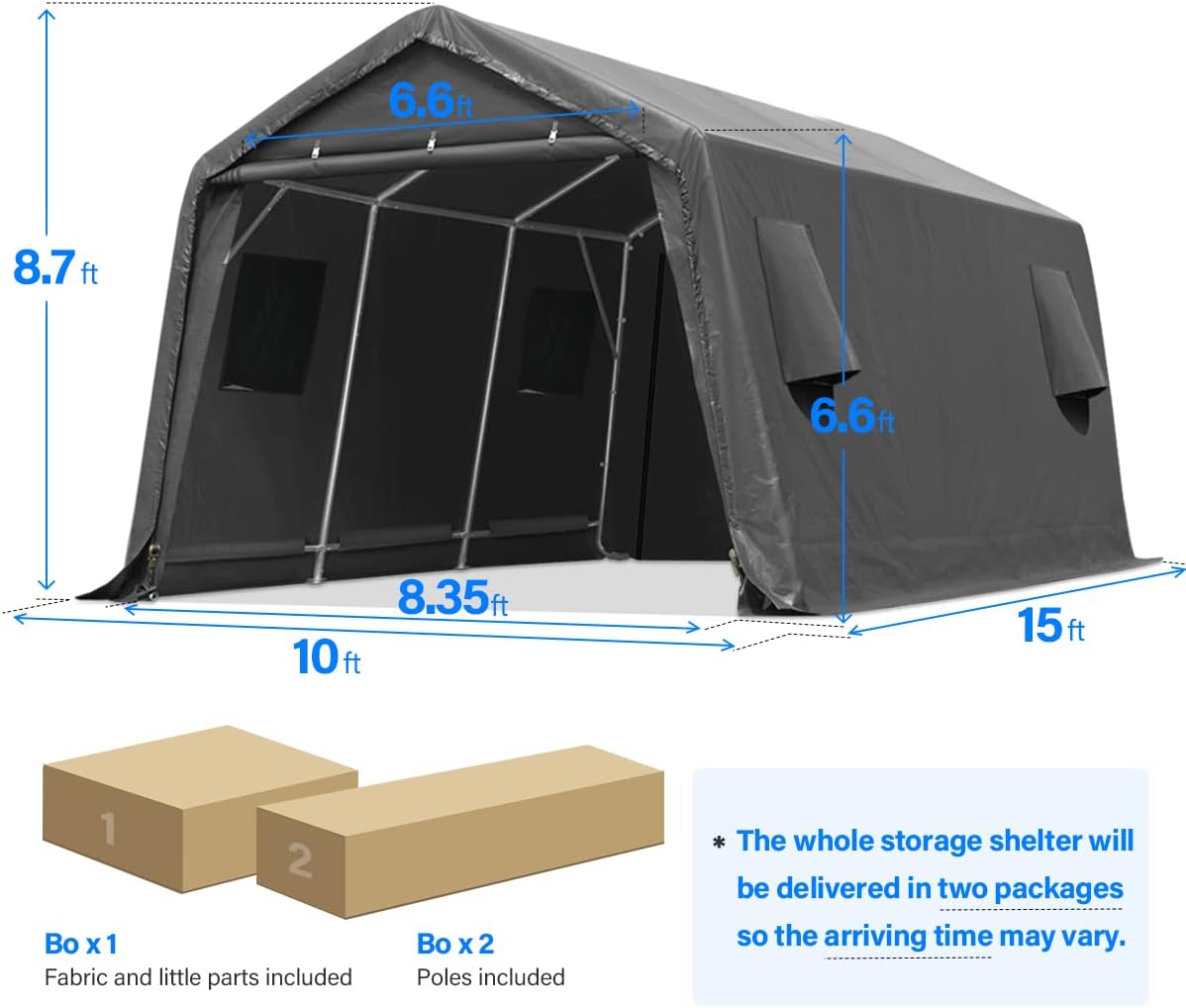 ADVANCE OUTDOOR 10x15 ft Shelter Storage Shed Steel Metal Peak Roof Portable Garage Carport for Motorcycle, Boat or Garden Tools with 2 Roll up Doors & Vents, Gray