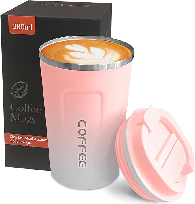 YINBAOGE Insulated Travel Coffee Mug, Spill & Leak Proof, Portable To Go Camping Stainless Steel Coffee Tumbler, Reusable Thermal Coffee Cup with Lid for Hot & Cold Drinks (2nd-Pink White, 12 OZ)