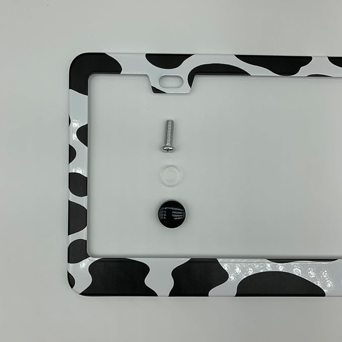 Black and White Cow Print License Plate Frame Cover, Matte White Powder Coated Stainless Steel, Animal Print Auto Car Tag Frame with 2 Holes & Free Screws