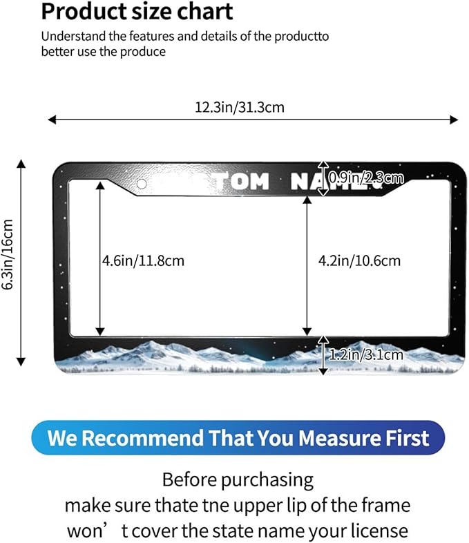 Custom License Plate Frame Snow-Capped Mountains 2 Pack Personalized Add Text Black Custom License Plate Frame with Standard Us Canada Vehicles 12.3 X 6.3in