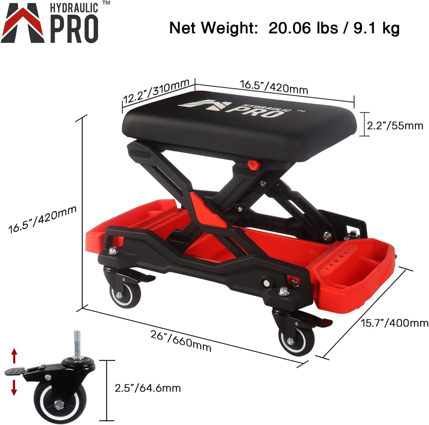 Automotive Creeper Seat with Rolling Wheels, 300 LBS Capacity Mechanic Stool, Heavy Duty Garage Stool with Soft Padded Cushion and Tool Trays, Foldable Design for Easy Storage