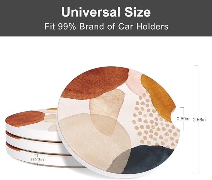 Car Cup Holder Coaster, Car Coasters for Cup Holders, 4 Pack Universal Anti Slip Insert Absorbent Ceramic Auto Interior Accessories with A Finger Notch & Cork Base, Simple Abstract Art