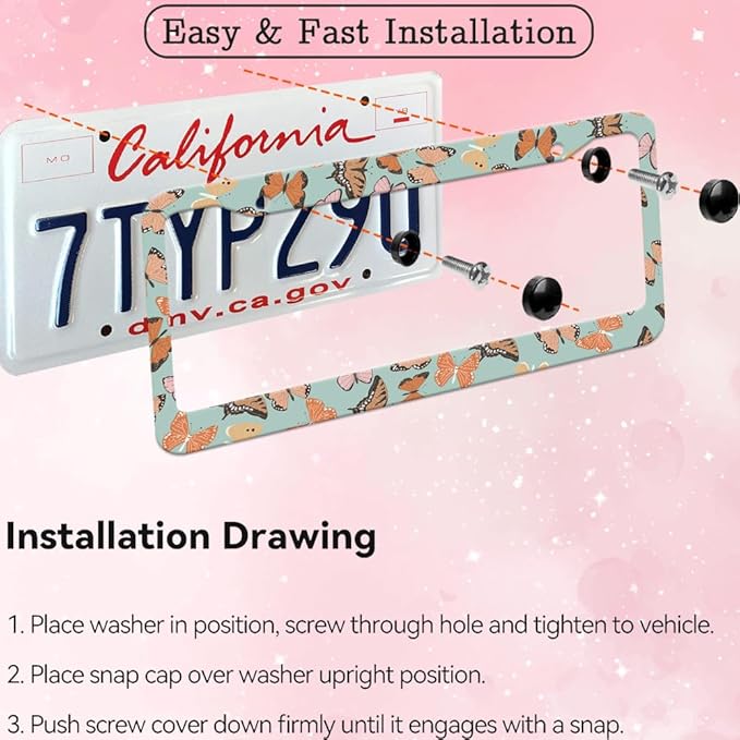 2pcs Brown Butterflies License Plate Frame for Women, Butterfly car Decorative tag Frames Girly,Inspirational Butterfly License Plate Cover Holder for Vehicle with Double Sided car Keychain tag