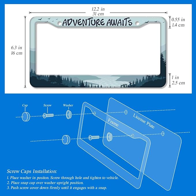 2PCS Adventure Awaits Pattern License Plate Frames for Men Women - Universal Aluminum Stainless Steel Personalized Car Tag Covers Holder with Screws, Caps, Rattle Proof Pads and Handlebar Stickers