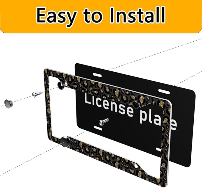 License Plate Frame 2 Pack Front Rear Aluminum Metal Rust-Proof Universal Car Tag Frames Holder with 4 Holes Car Decor Accessory with Screws for Men Women - Black Gold Leopard