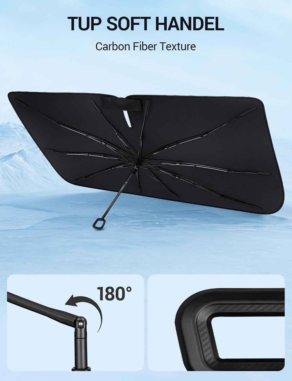 Proadsy Windshield Sun Shade Umbrella for Hyundai Santa Fe 2019-2023 Foldable Car Umbrella Sunshade with Soft TPU Handle Spring Structure Crystal Cooling Material Protect Car from Rays & Heat