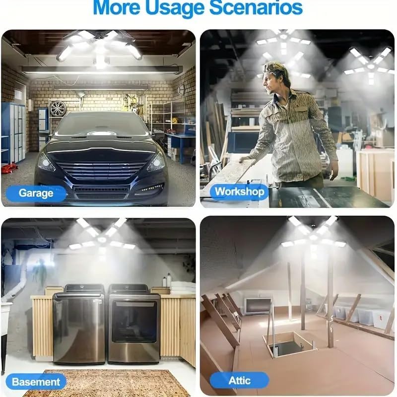 2 Packs LED Garage Light, Super Bright Screw in E26/E27 Ceiling Shop Work Lamp, 260W 26000 Lumen Deformable Basement Bulb Fixture with 10+1 Adjustable Panels, Lighting for Workshop, Attic