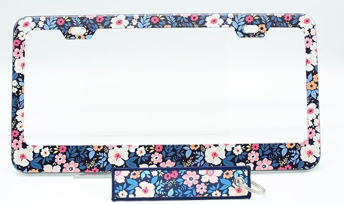 1pcs Cute Folk Floral License Plate Frame for Women, Colorful Flowers car Decorative tag Frames Girly,Beautiful Floral License Plate Cover Holder for Vehicle with Double Sided car Keychain tag