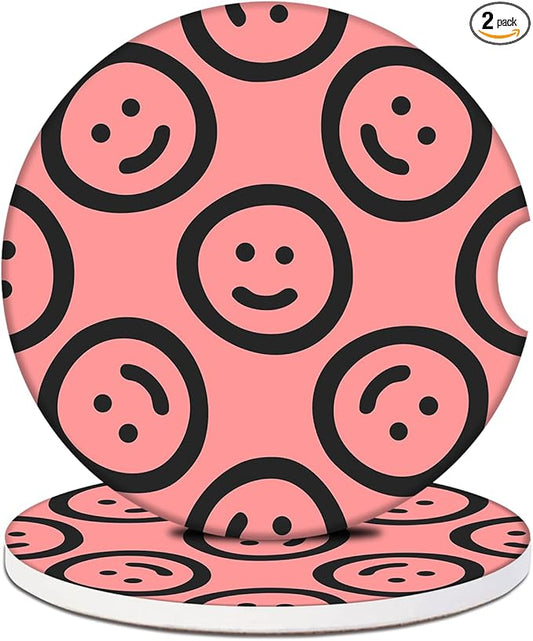 Car Cup Holder Coaster - Smiley Face Absorbent Ceramic Coaster 2 Pack, Car Coasters for Cup Holders, Fashion Car Interior Accessories Drink Coaster for Women & Men