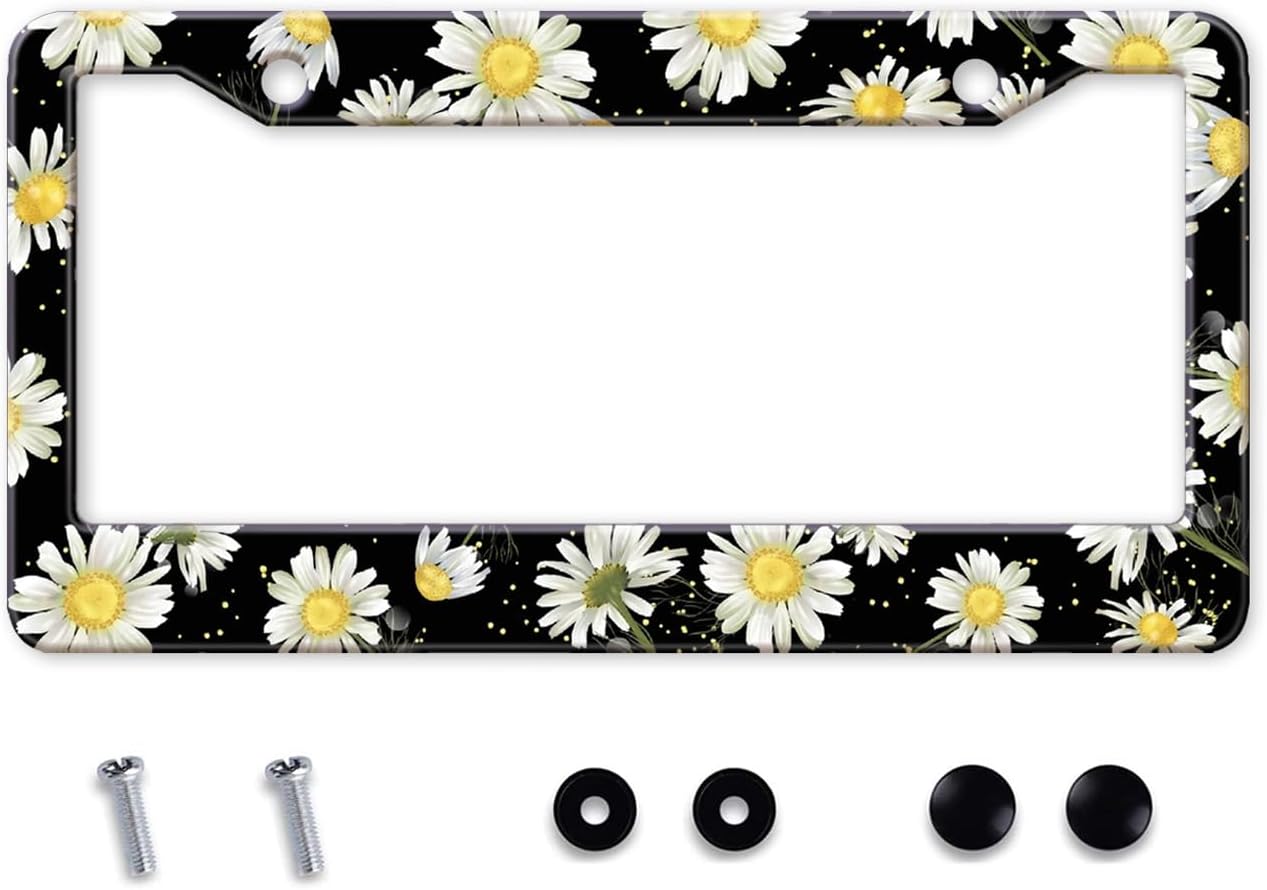Daisy Flowers Car License Plate Frame, Flowers Print Tags Frames Holder Covers, Metal Aluminum Rustproof Car Accessories US Canada Standard with Screws for Women Men 6x12 Inch 2 Holes